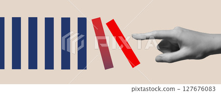 Hand breaking red domino block in blue pattern. Concept of disruption, innovation, rebellion, Hand breaking red domino block in blue pattern. Concept of disruption, innovation, rebellion, 127676083