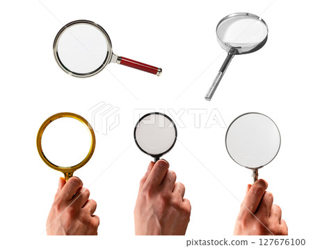 Hand holding magnifying glass with lens zooming and enlarging view. Concept of investigation, 127676100