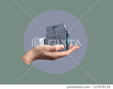 Hand holding tiny building in creative collage, symbolizing real estate offer and urban living. Hand holding tiny building in creative collage, symbolizing real estate offer and urban living. 127676116