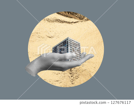 Hand holding tiny golden apartment building in circular collage. Conceptual urban artwork 127676117