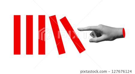 Hand pointing finger pushing red domino blocks. Abstract concept of chain reaction, cause and effect Hand pointing finger pushing red domino blocks. Abstract concept of chain reaction, cause and effect 127676124
