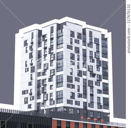 Highrise apartment building with stylized geometric facade and vertical structure. Modern urban Highrise apartment building with stylized geometric facade and vertical structure. Modern urban 127676132