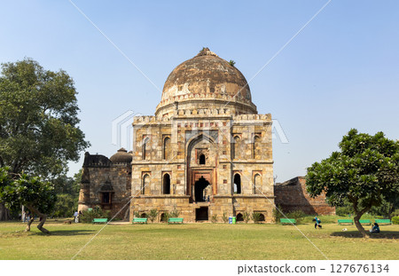 India Delhi 2024 October 18 Lodi Tomb in Delhi, India, a historical mausoleum with a grand dome and 127676134