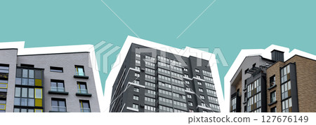 modern condo buildings with blue concrete facade and tall structure. Contemporary urban architecture modern condo buildings with blue concrete facade and tall structure. Contemporary urban architecture 127676149