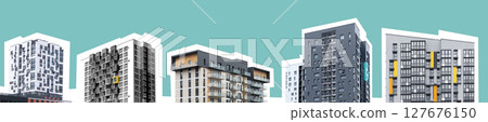 modern condo buildings with concrete facade and panoramic blue sky backdrop. Contemporary urban modern condo buildings with concrete facade and panoramic blue sky backdrop. Contemporary urban 127676150