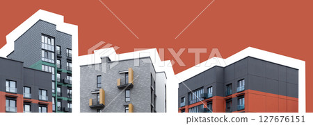 modern condo buildings with concrete facade and window pattern. Contemporary collage art 127676151