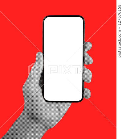 Phone in male hand. Man holding black smartphone with blank screen, red background and retro 127676159