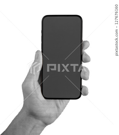 Phone in male hand. Man holding black smartphone with blank screen, showing modern tech gadget and 127676160