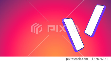 Phone mockup with two smartphones levitating in air. Mobile devices with bright purple, violet, red, 127676162