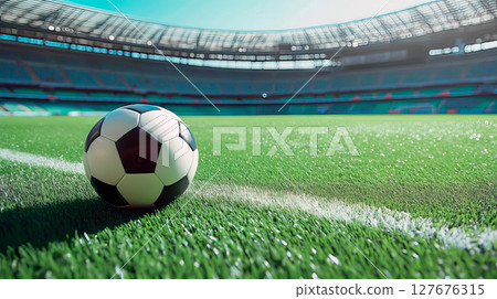Ball on the green field in soccer stadium 127676315