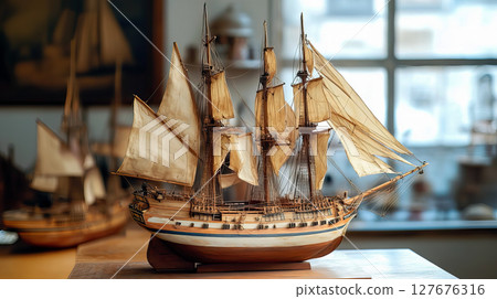 Wooden Ship Toy model. Hobbies and collecting concept 127676316