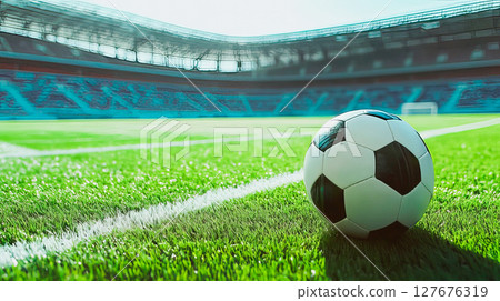 Ball on the green field in soccer stadium 127676319