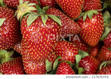 Berry summer background. Close-up of fresh strawberries 127676359