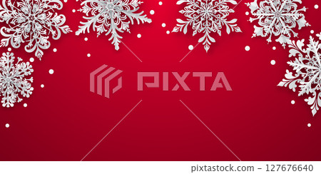 Christmas illustration with paper snowflakes on red. Christmas illustration with paper snowflakes on red. 127676640