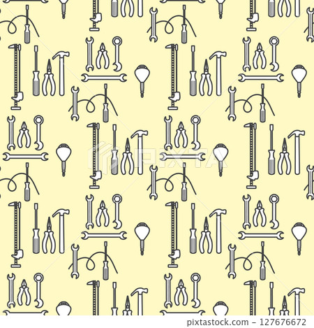 Seamless pattern of hand tools including pliers, wrenches, and screwdrivers on light background Seamless pattern of hand tools including pliers, wrenches, and screwdrivers on light background 127676672