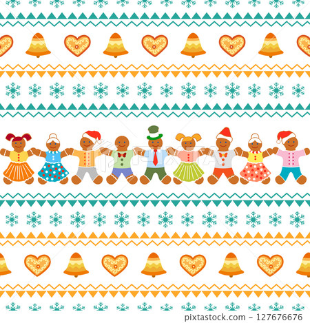Gingerbread people pattern with hearts, bells, and snowflakes, perfect for christmas backgrounds Gingerbread people pattern with hearts, bells, and snowflakes, perfect for christmas backgrounds 127676676
