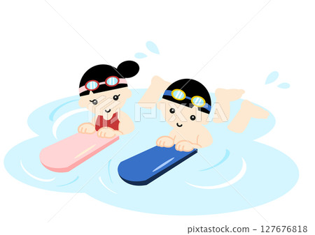 Illustration of Asian children swimming using kickboards 127676818