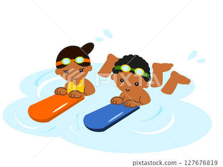 Illustration of black children swimming using a kickboard Illustration of black children swimming using a kickboard 127676819