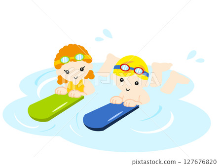 Illustration of Caucasian children swimming using a kickboard Illustration of Caucasian children swimming using a kickboard 127676820