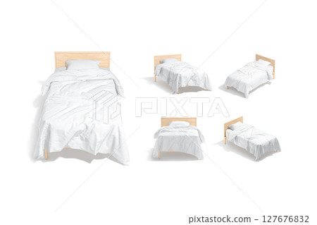 Blank wooden single bed with white bedding mockup, different views Blank wooden single bed with white bedding mockup, different views 127676832