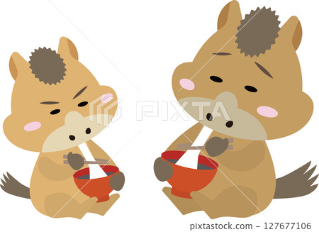 New Year's illustration of a mother and baby horse eating rice cakes (Year of the Horse) 127677106