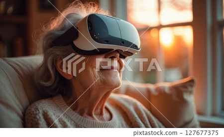 Elderly woman with VR headset 127677375
