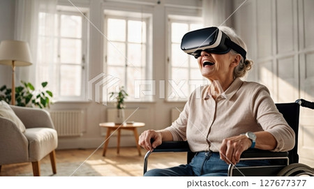 Elderly woman with VR headset 127677377