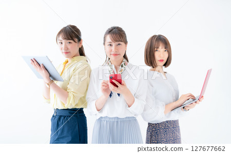 Group of women using various digital devices 127677662