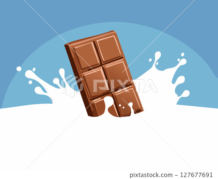 Playful chocolate bar dives into swirling milk splash against clean blue gradient sky leaving generous white copy space minimal flat art digital illustration concept of sweet dairy temptation. 127677691