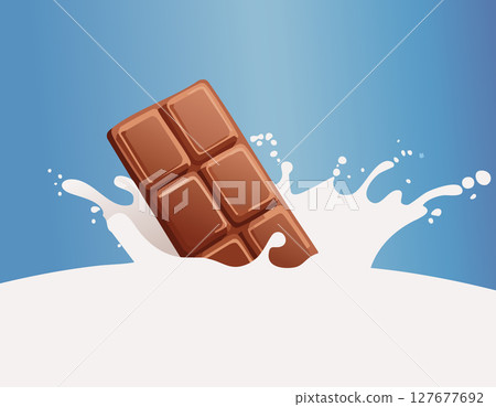 Crisp digital artwork shows rich cocoa bar piercing fresh milk wave with drops frozen mid air serene background fades skyward untextured space ideal for adverts packaging or blog headers. 127677692