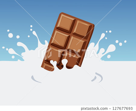 Stylised confection bar plunges through silky dairy pool droplets spraying outward vivid yet smooth illustration uses soft shading wide blank area invites headline placement perfect for food ads and 127677693