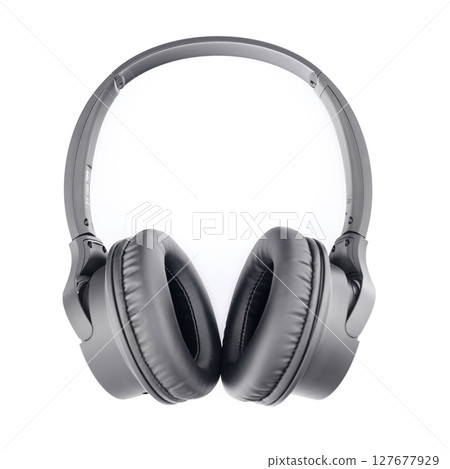 digital black wireless acoustic stereo headphones isolated on white background, top view 127677929