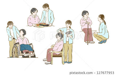 Welfare and nursing care: A young woman providing daily living support to a senior woman Welfare and nursing care: A young woman providing daily living support to a senior woman 127677953