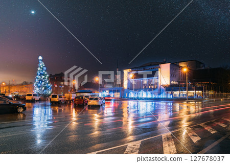 Parnu, Estonia. Endla Theatre, Christmas Tree And Endla Theater On Central Square In Evening Christmas Xmas New Year Illuminations 127678037