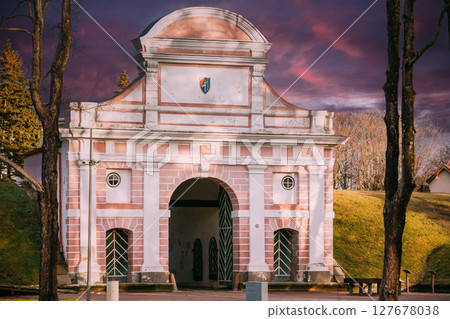 Parnu, Estonia. Tallinn Gate Is Historical Fortification Of Parnu. 17th Century Gate. Sunny Winter Day Parnu, Estonia. Tallinn Gate Is Historical Fortification Of Parnu. 17th Century Gate. Sunny Winter Day 127678038