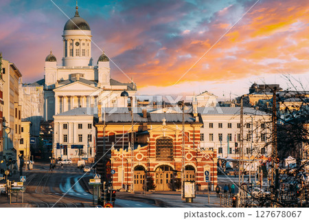 Finland, Helsinki. View Of Helsinki Cathedral And Old Market Hall Vanha Kauppahalli In Sunny Day. Famous Dome Landmark In Neoclassical Style 127678067