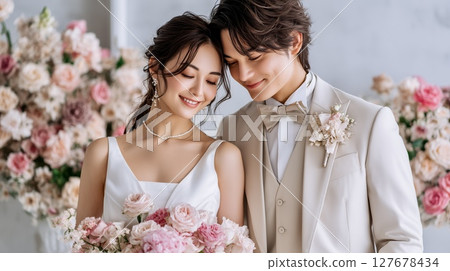 Happy smiling bride and groom wedding photo Happy smiling bride and groom wedding photo 127678434