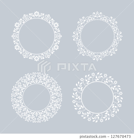 Set of decorative frames Elegant vector element for design in Eastern style, place for text. Floral gray and white borders. Lace illustration for invitations and greeting cards Set of decorative frames Elegant vector element for design in Eastern style, place for text. Floral gray and white borders. Lace illustration for invitations and greeting cards 127678473