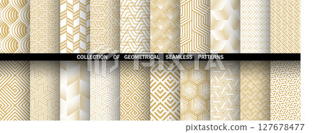 Geometric set of seamless golden and white patterns. Simple vector graphics Geometric set of seamless golden and white patterns. Simple vector graphics 127678477
