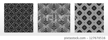 Geometric floral set of seamless patterns. Gray and black vector backgrounds. Damask graphic ornaments 127678516