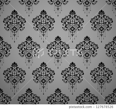 Wallpaper in the style of Baroque. Gray and black floral ornament. Seamless vector background. Graphic pattern for fabric, wallpaper, packaging. Ornate Damask flower illustration Wallpaper in the style of Baroque. Gray and black floral ornament. Seamless vector background. Graphic pattern for fabric, wallpaper, packaging. Ornate Damask flower illustration 127678526