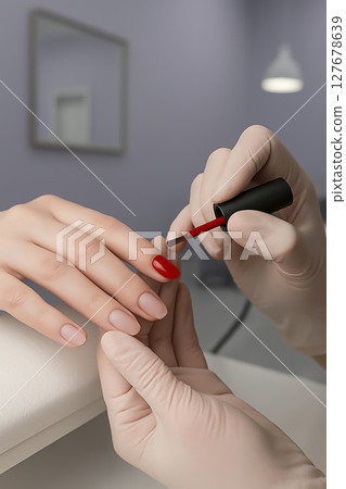 Nail extensions, manicure, nail correction, hands in the foreground gel polishes 127678639