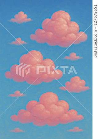 Pink clouds on a blue background in the form of inflatable objects. 127678651