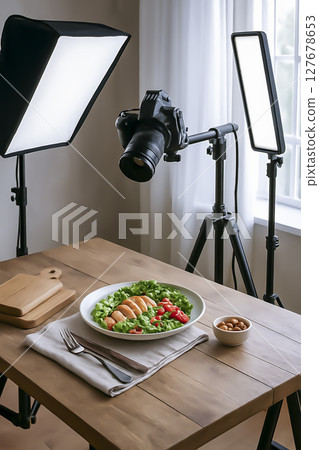 Plate with food against the background of the restaurant interior. Menu shooting. Plate with food against the background of the restaurant interior. Menu shooting. 127678653