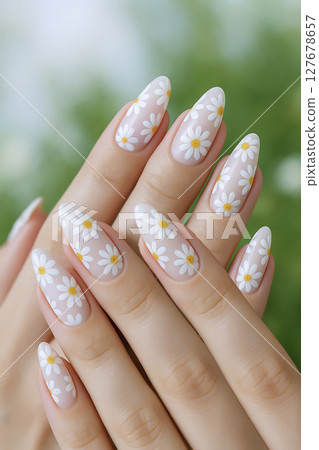 Nail extensions, manicure, nail correction, hands in the foreground, gel polishes. 127678657