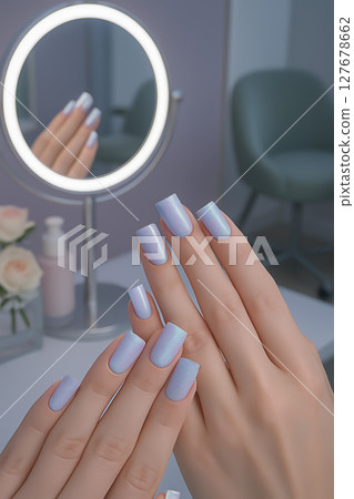 Nail extensions, manicure, nail correction, hands in the foreground, gel polishes. Nail extensions, manicure, nail correction, hands in the foreground, gel polishes. 127678662