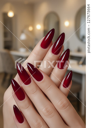 Nail extensions, manicure, nail correction, hands in the foreground, gel polishes. 127678664