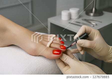 Pedicure process and nails covered with gel polish in the foreground. 127678665