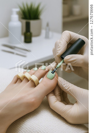 Pedicure process and nails covered with gel polish in the foreground. 127678666