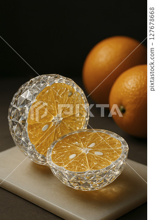 A transparent orange, cut in half, like a crystal, like a diamond. 127678668